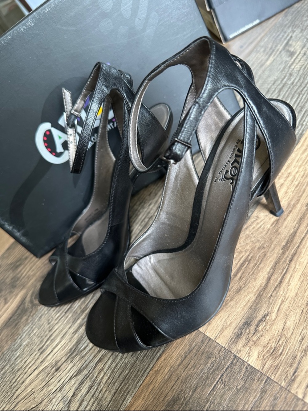 Carlos by Carlos Santana Black Open-Toe Leather Ankle-Strap Stiletto Heels